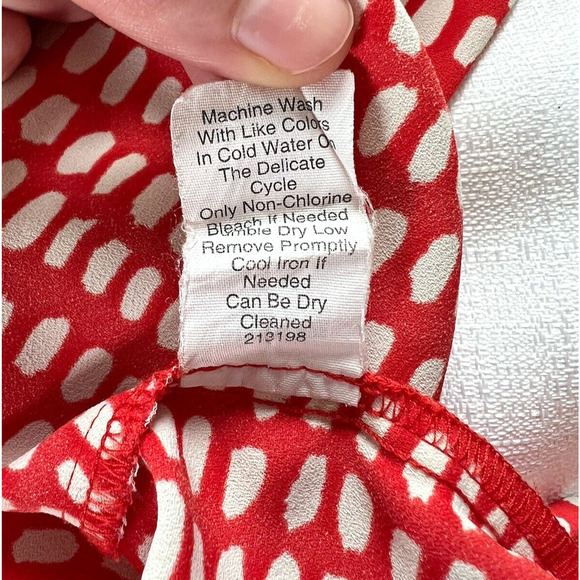 Cabi Madeline Blouse Top Womens Size L Red Orange White Dot Drape Ruffle Silky - Picture 5 of 7